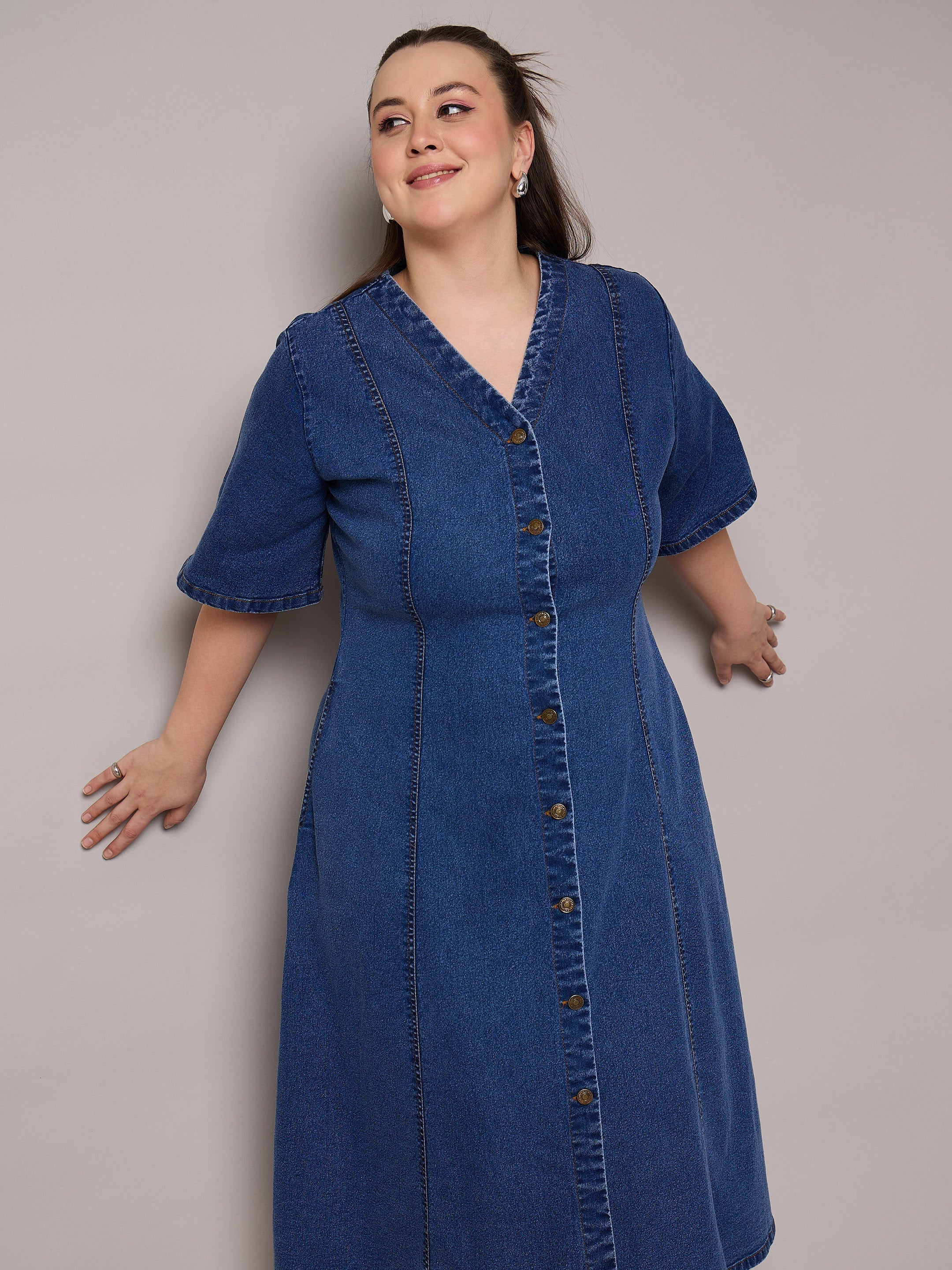 Women Navy Denim V Neck Midi Dress-SFDRSS13063