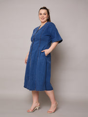 Women Navy Denim V Neck Midi Dress-SFDRSS13063