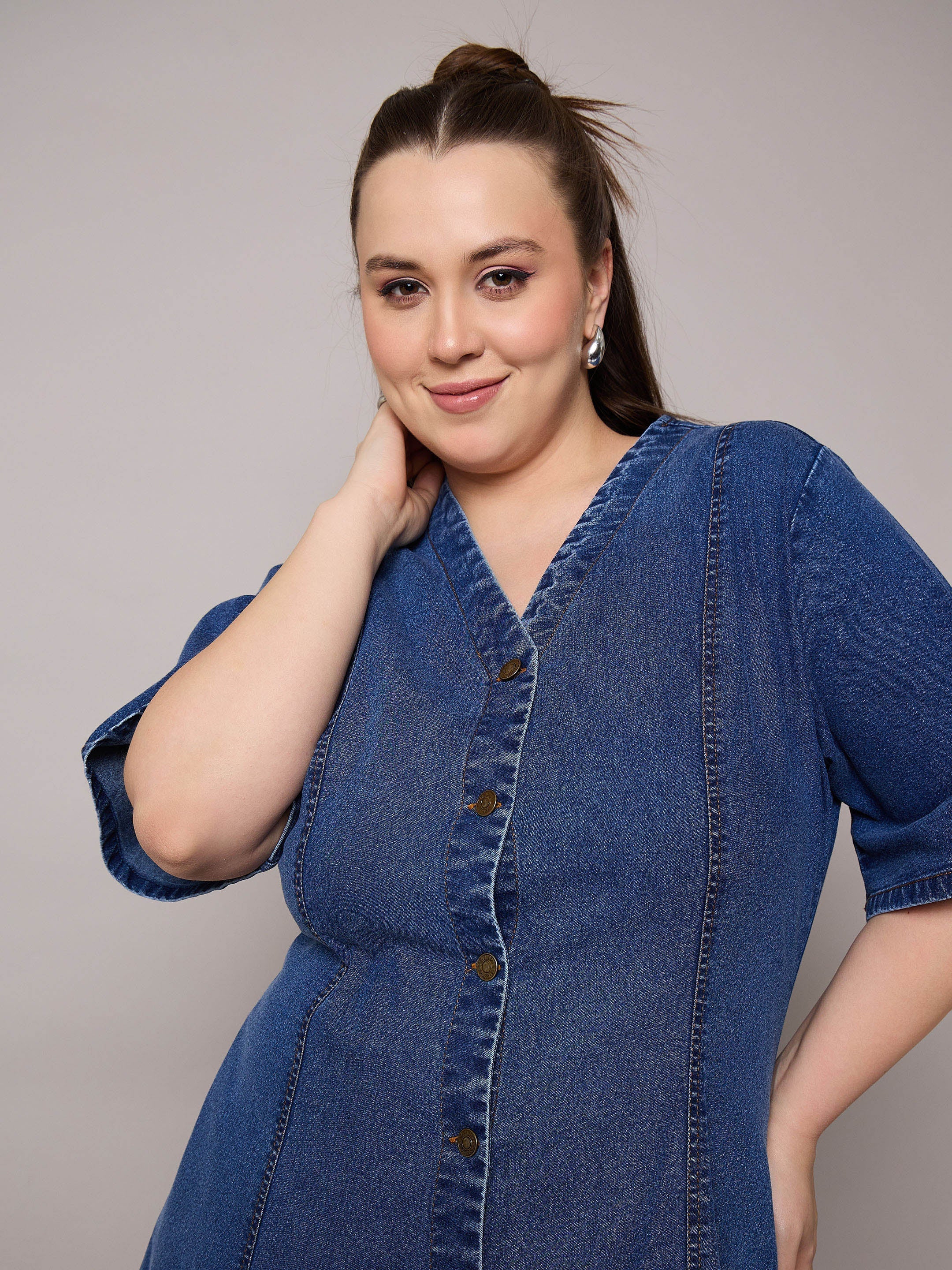 Women Navy Denim V Neck Midi Dress-SFDRSS13063