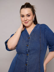 Women Navy Denim V Neck Midi Dress-SFDRSS13063