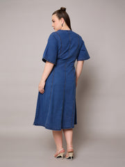 Women Navy Denim V Neck Midi Dress-SFDRSS13063