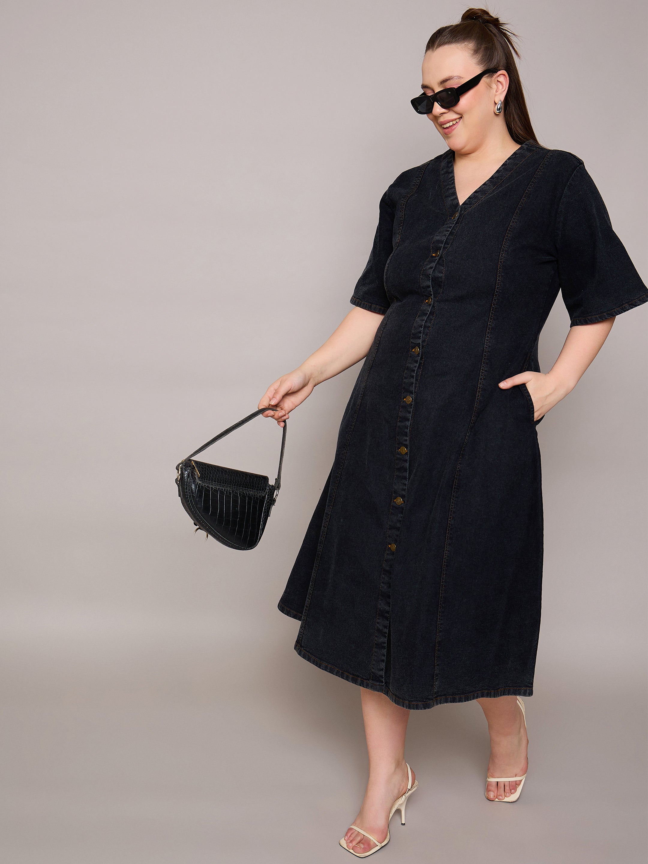 Women Black Denim V Neck Midi Dress-SFDRSS13064