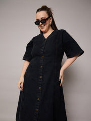Women Black Denim V Neck Midi Dress-SFDRSS13064