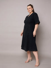 Women Black Denim V Neck Midi Dress-SFDRSS13064