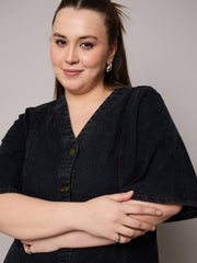 Women Black Denim V Neck Midi Dress-SFDRSS13064