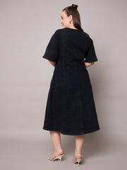 Women Black Denim V Neck Midi Dress-SFDRSS13064