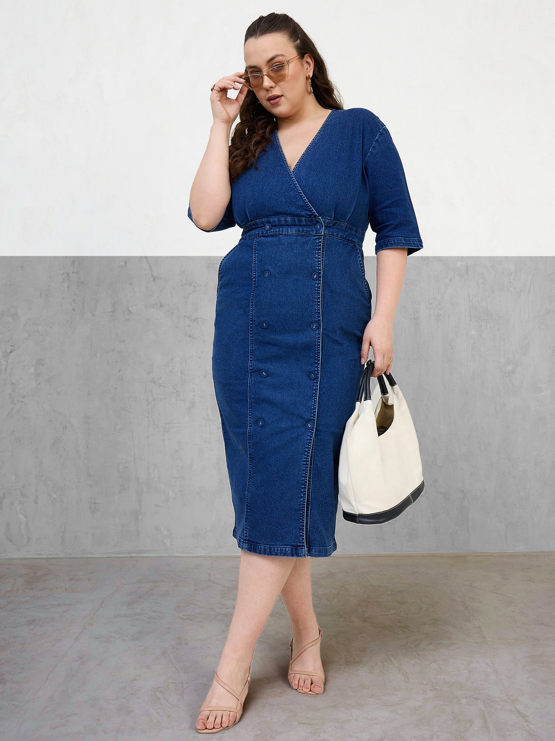 Women Navy Denim Wrap Neck Midi Dress-SFDRSS13065