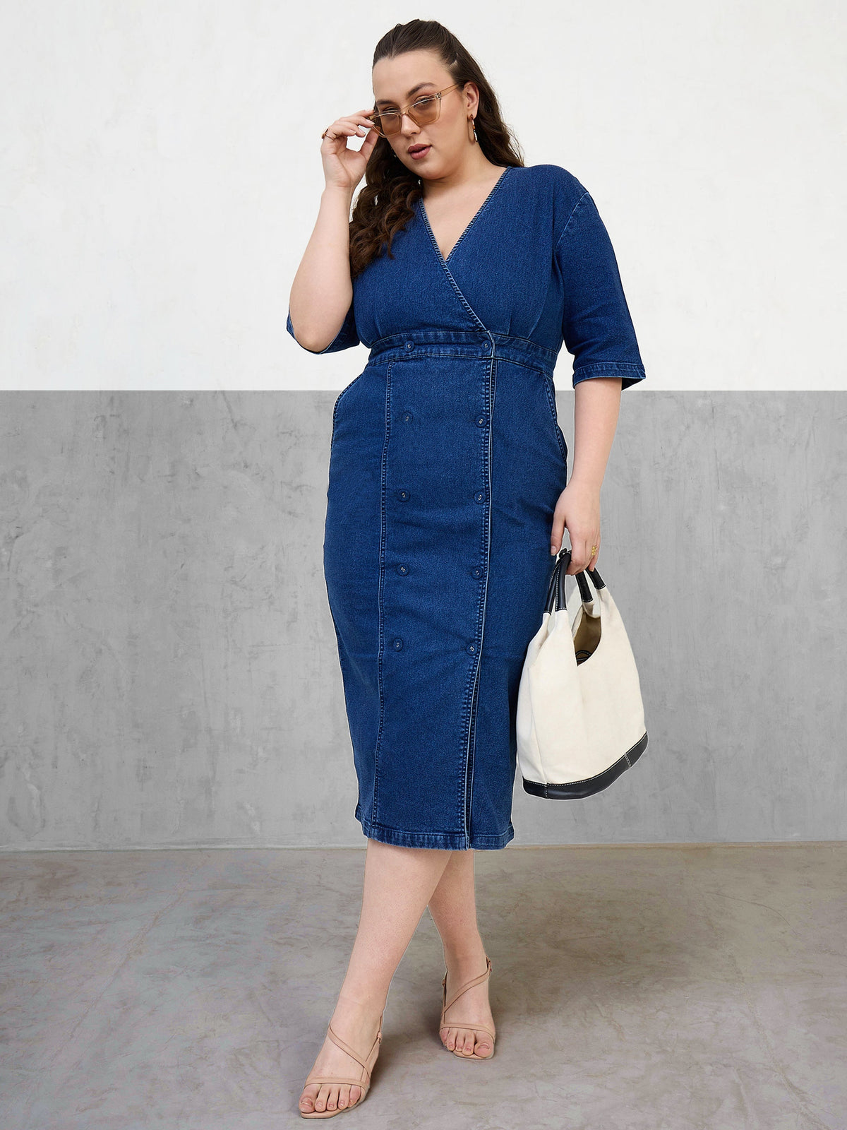 Women Navy Denim Wrap Neck Midi Dress-SFDRSS13065