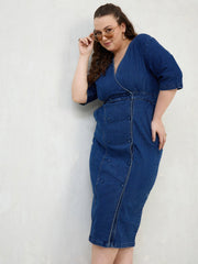 Women Navy Denim Wrap Neck Midi Dress-SFDRSS13065