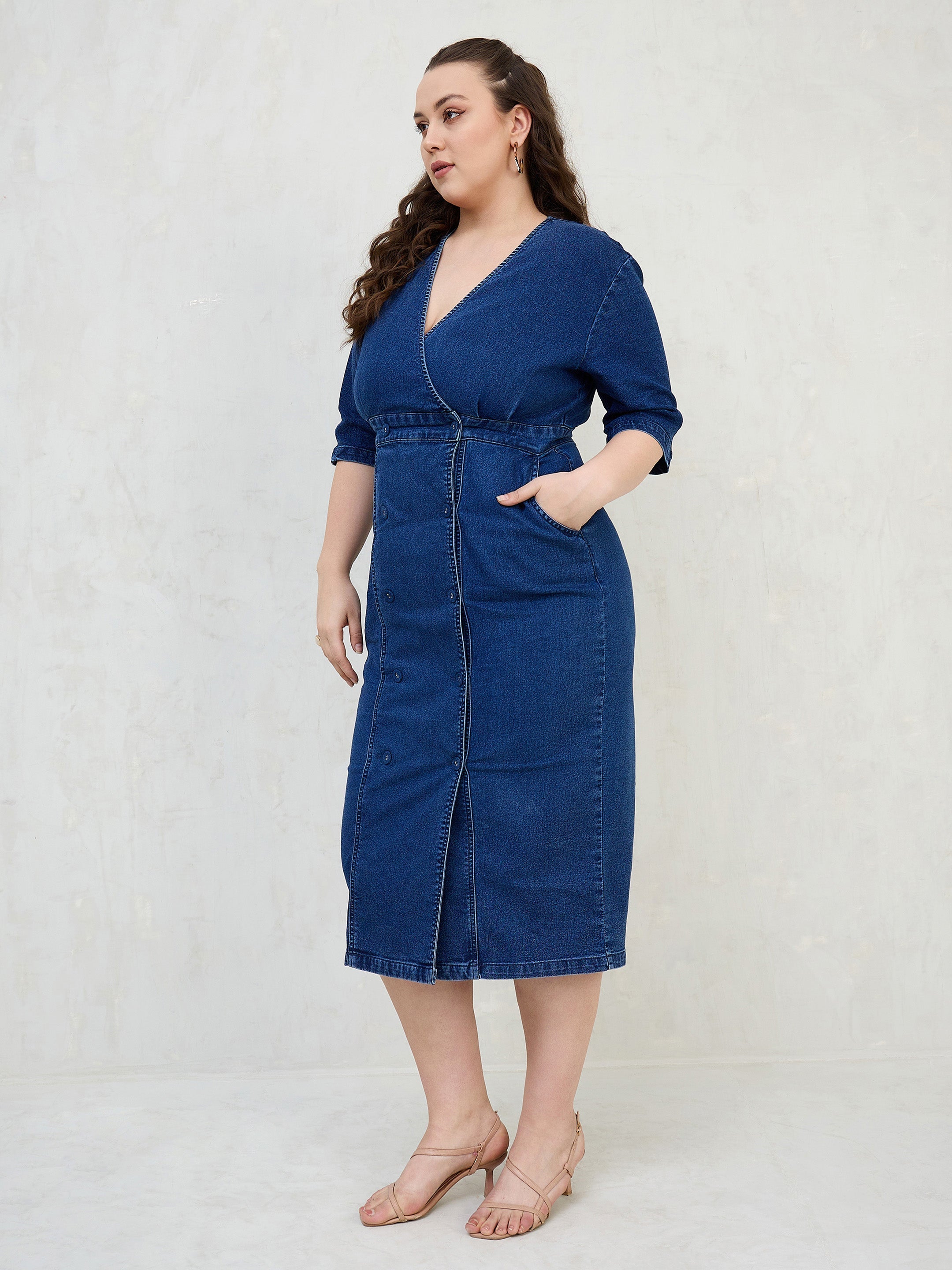 Women Navy Denim Wrap Neck Midi Dress-SFDRSS13065