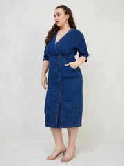 Women Navy Denim Wrap Neck Midi Dress-SFDRSS13065