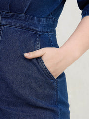 Women Navy Denim Wrap Neck Midi Dress-SFDRSS13065