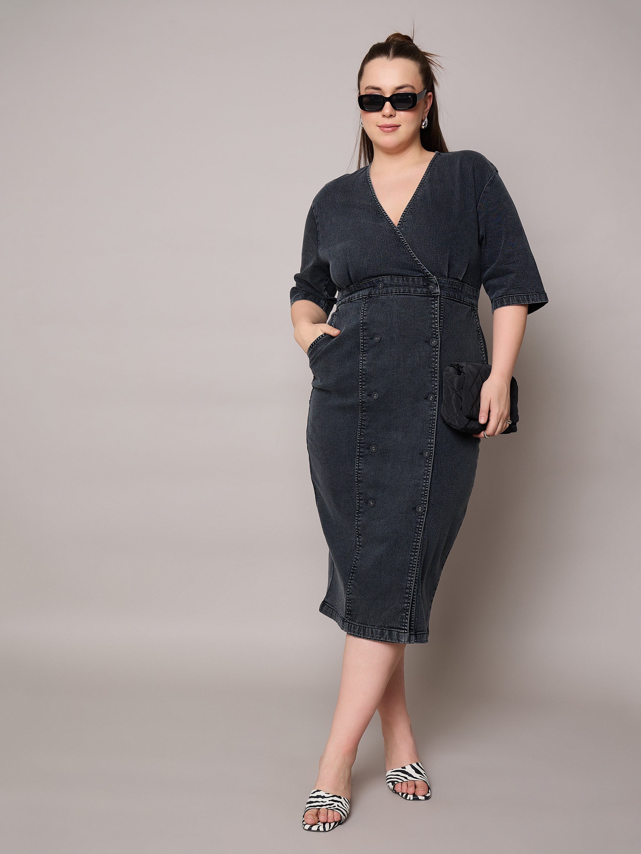 Women Black Denim Wrap Neck Midi Dress-SFDRSS13066