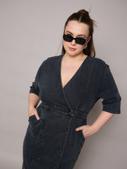 Women Black Denim Wrap Neck Midi Dress-SFDRSS13066