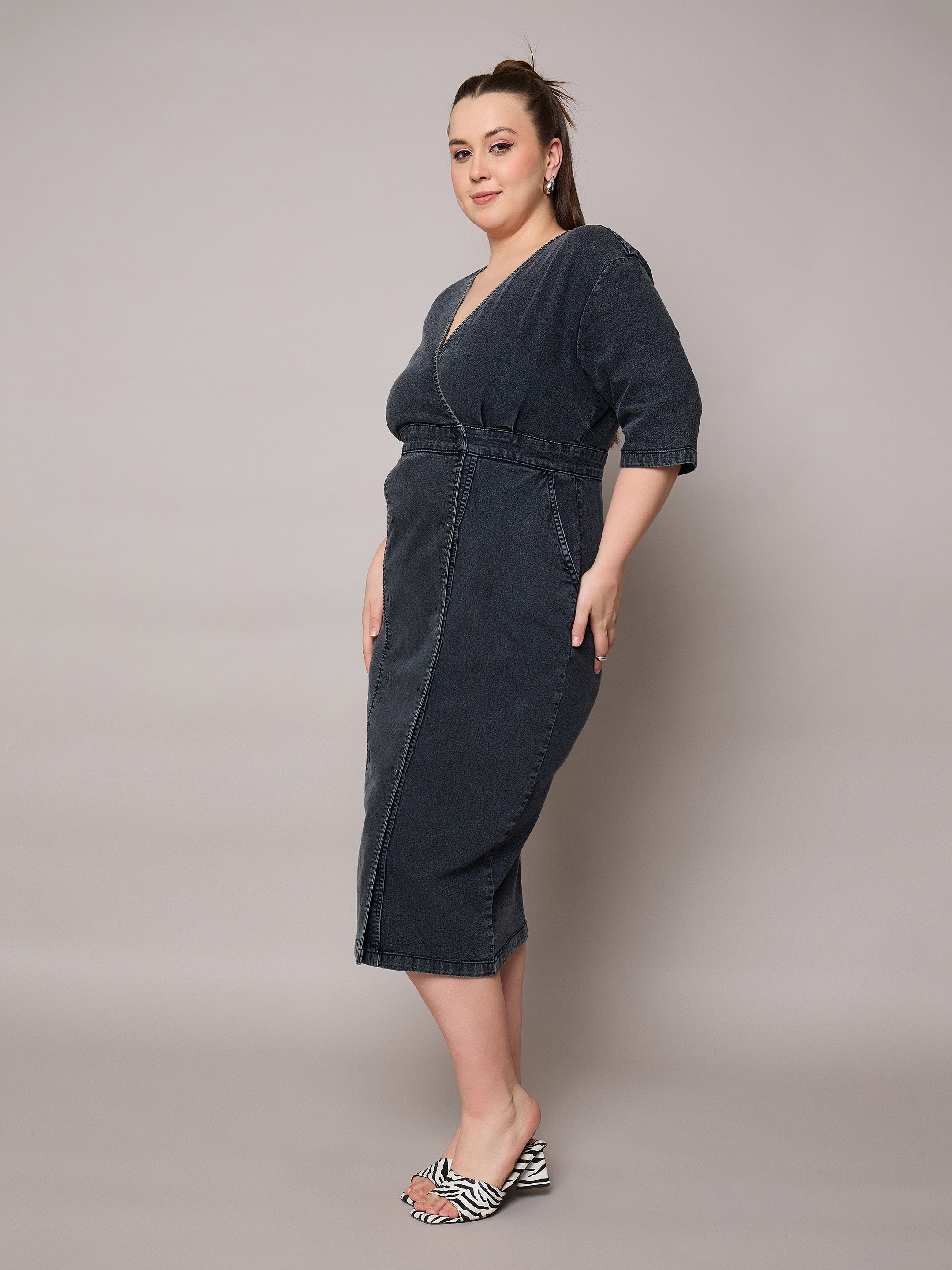 Women Black Denim Wrap Neck Midi Dress-SFDRSS13066