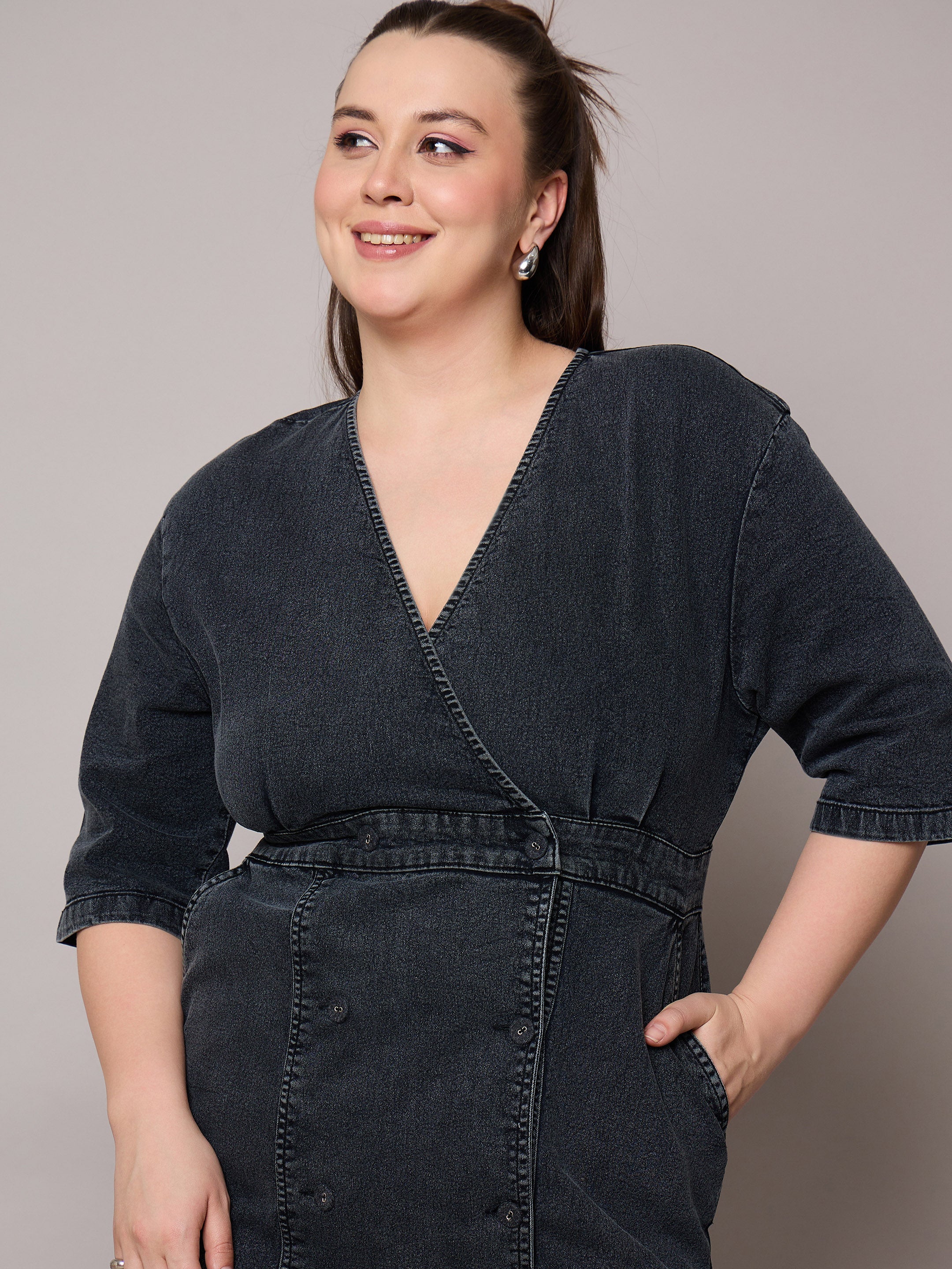 Women Black Denim Wrap Neck Midi Dress-SFDRSS13066