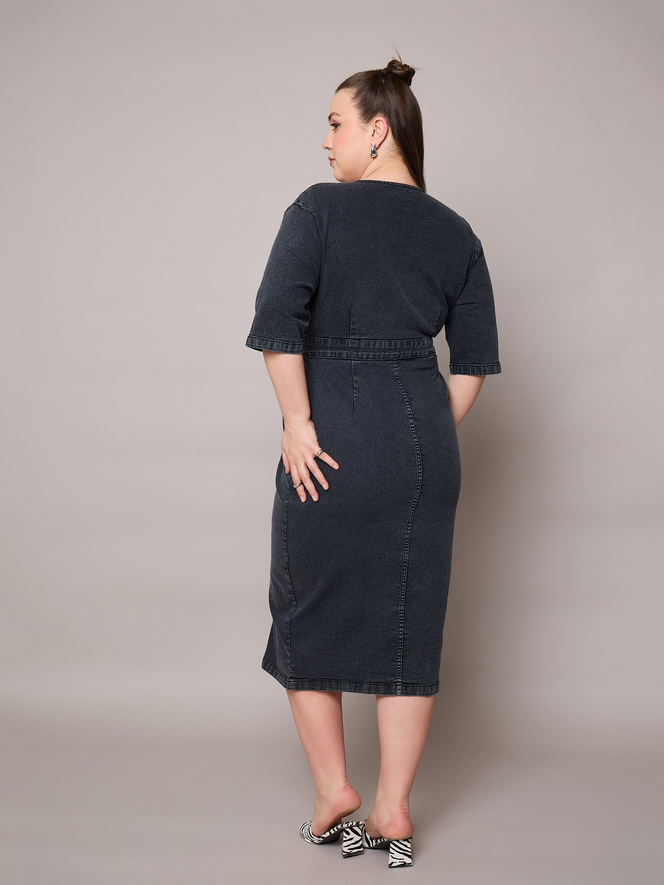 Women Black Denim Wrap Neck Midi Dress-SFDRSS13066