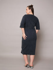 Women Black Denim Wrap Neck Midi Dress-SFDRSS13066