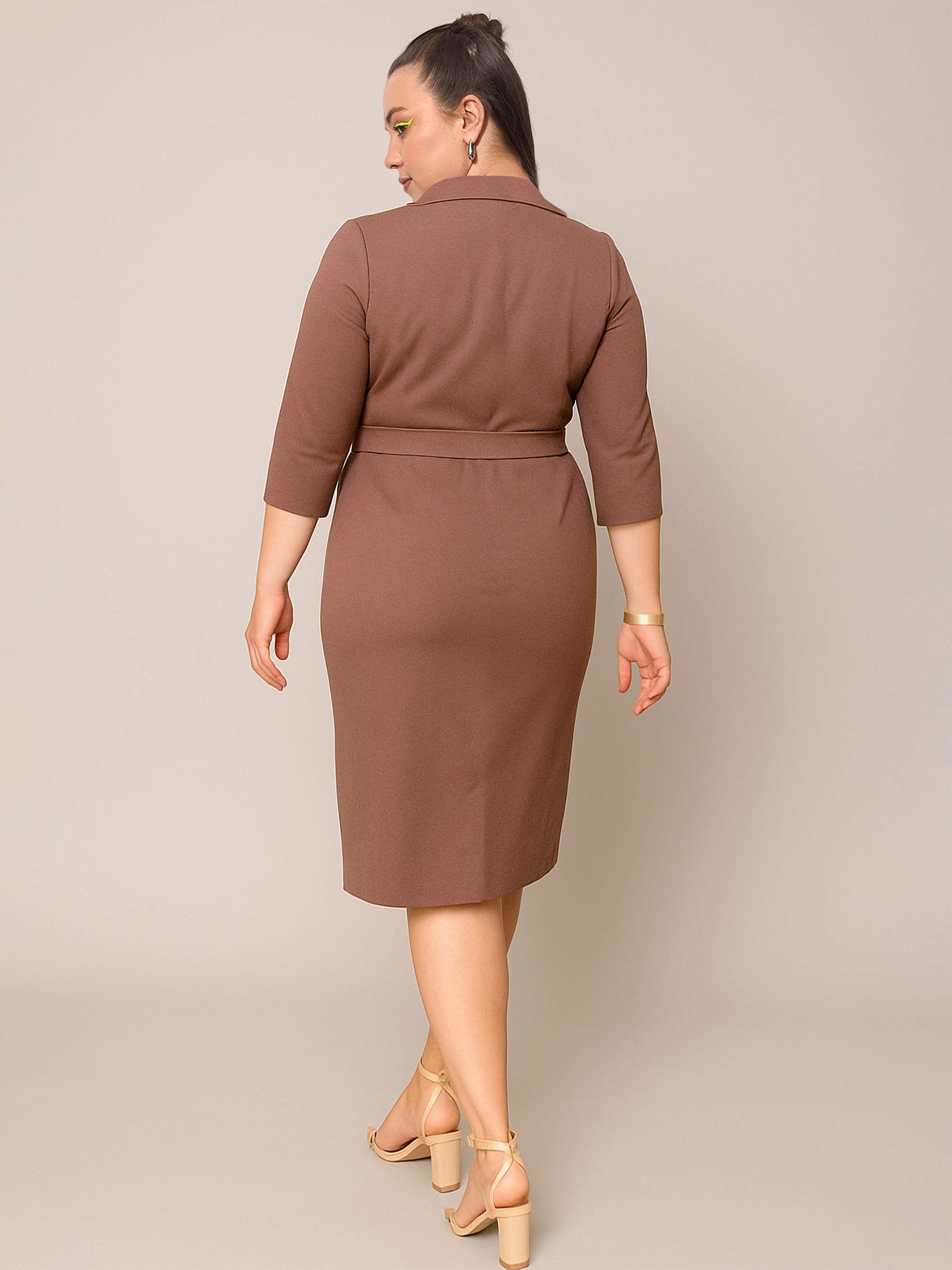 Women Brown Notch Collar Belted Bodycon Dress-SFDRSS13067
