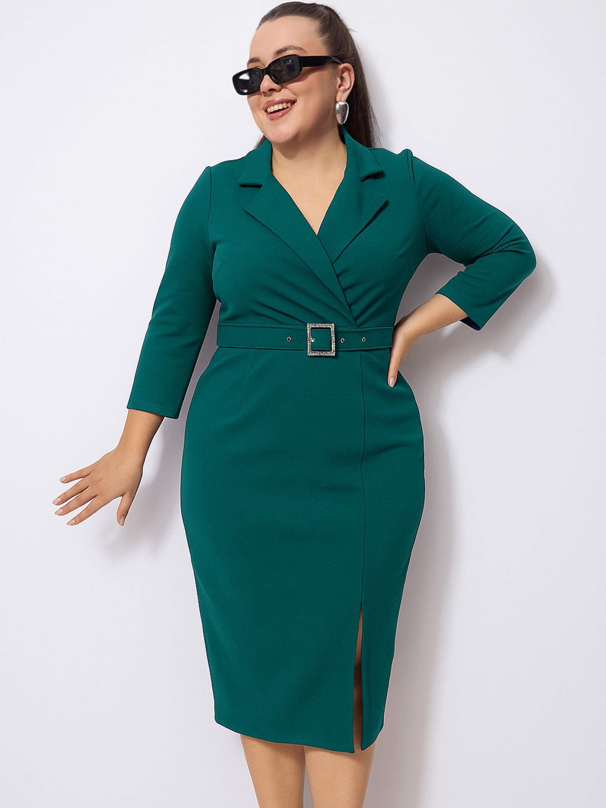 Women Green Notch Collar Belted Bodycon Dress-SFDRSS13069