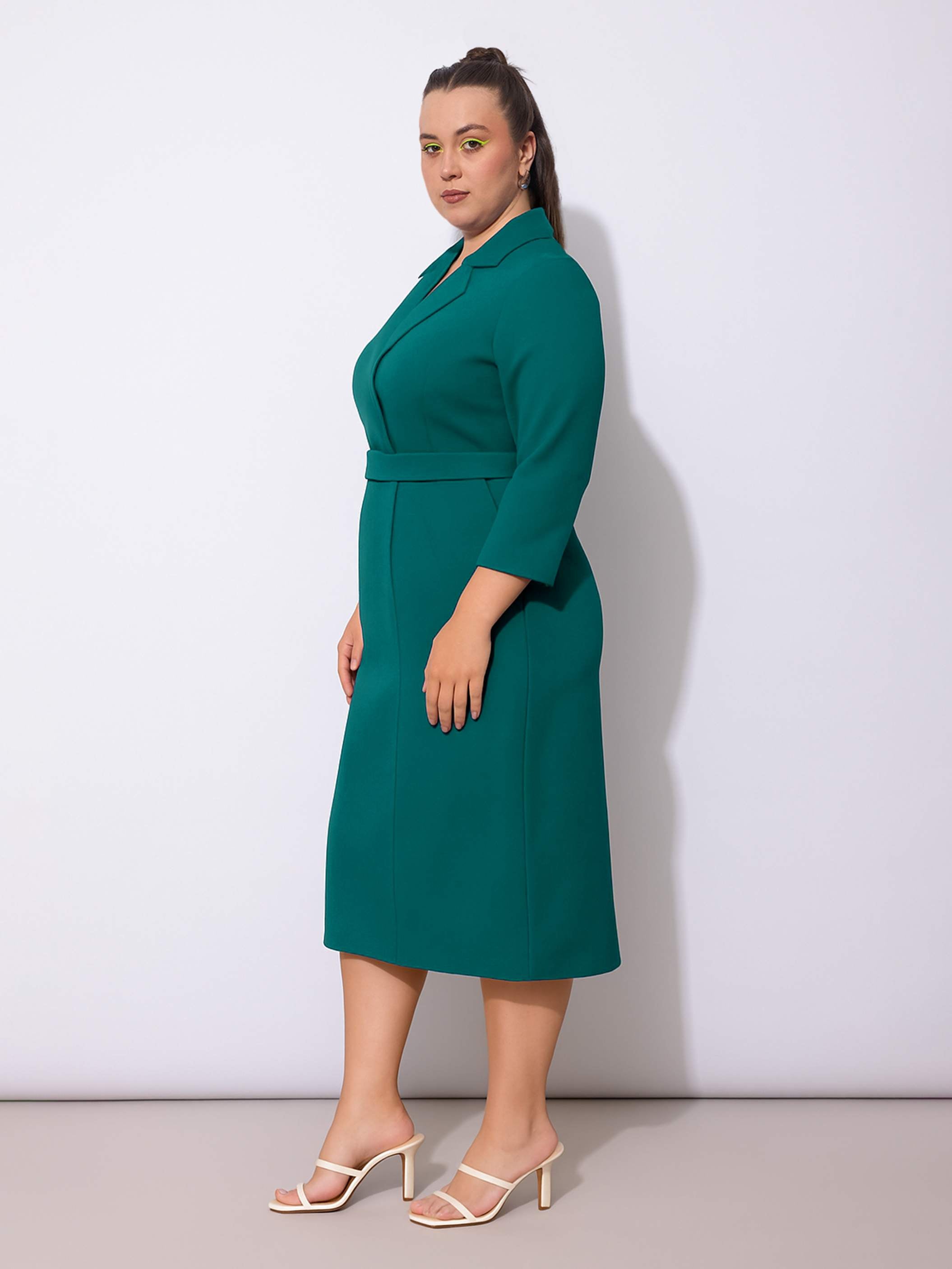 Women Green Notch Collar Belted Bodycon Dress-SFDRSS13069