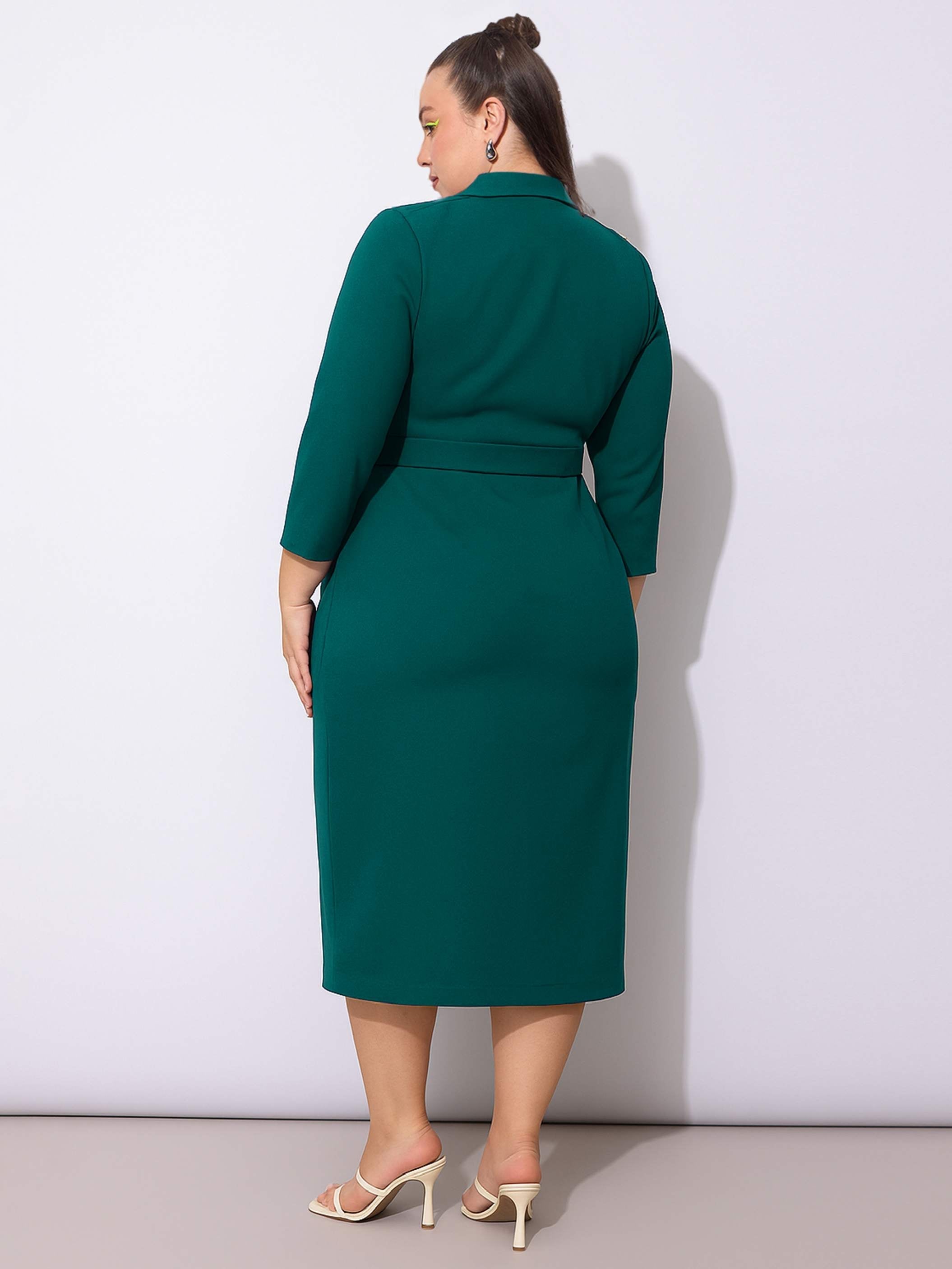 Women Green Notch Collar Belted Bodycon Dress-SFDRSS13069