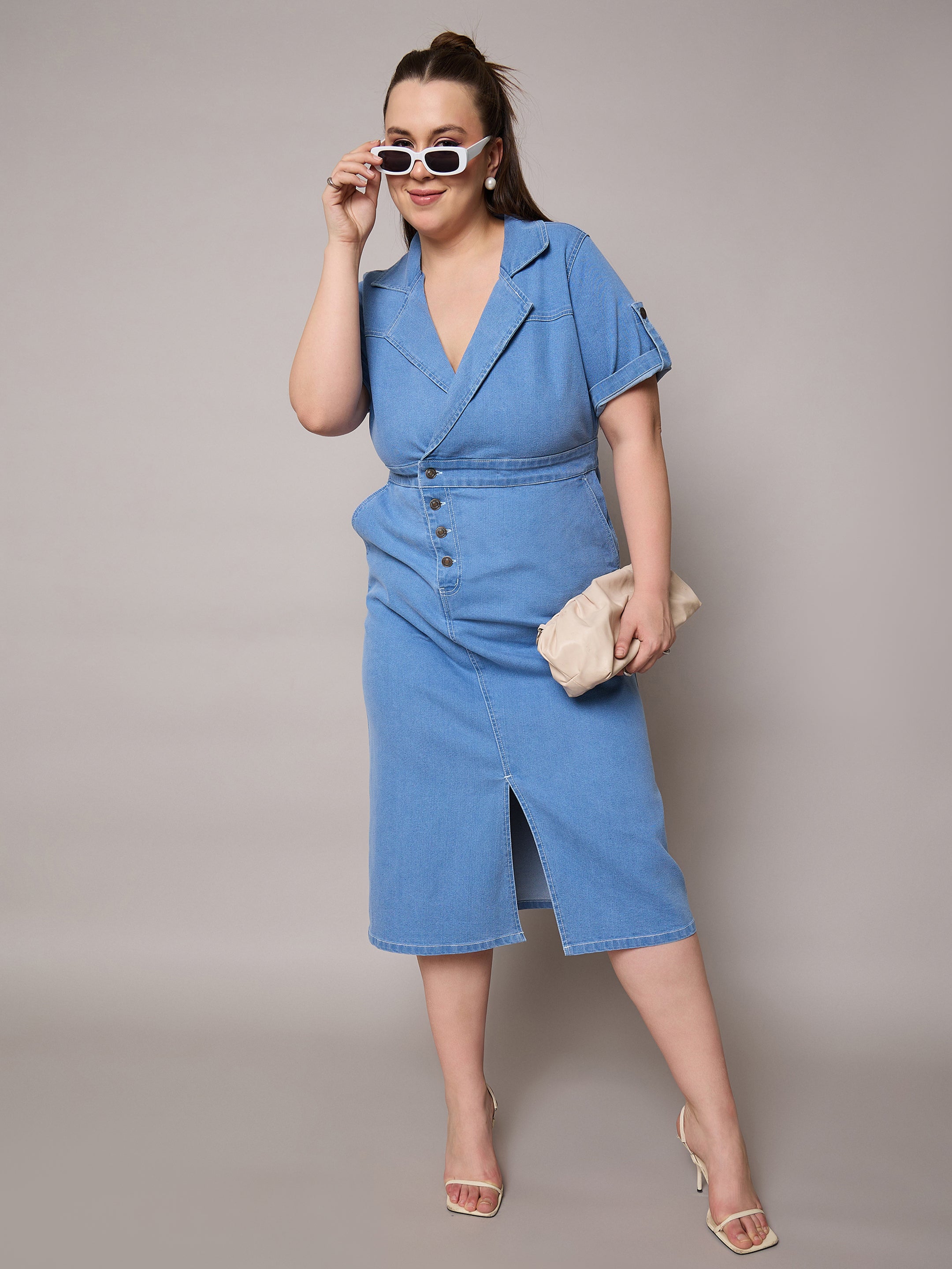 Women Ice Blue Acid Wash Denim Front Slit Midi Dress-SFDRSS13072