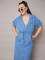 Women Ice Blue Acid Wash Denim Front Slit Midi Dress-SFDRSS13072