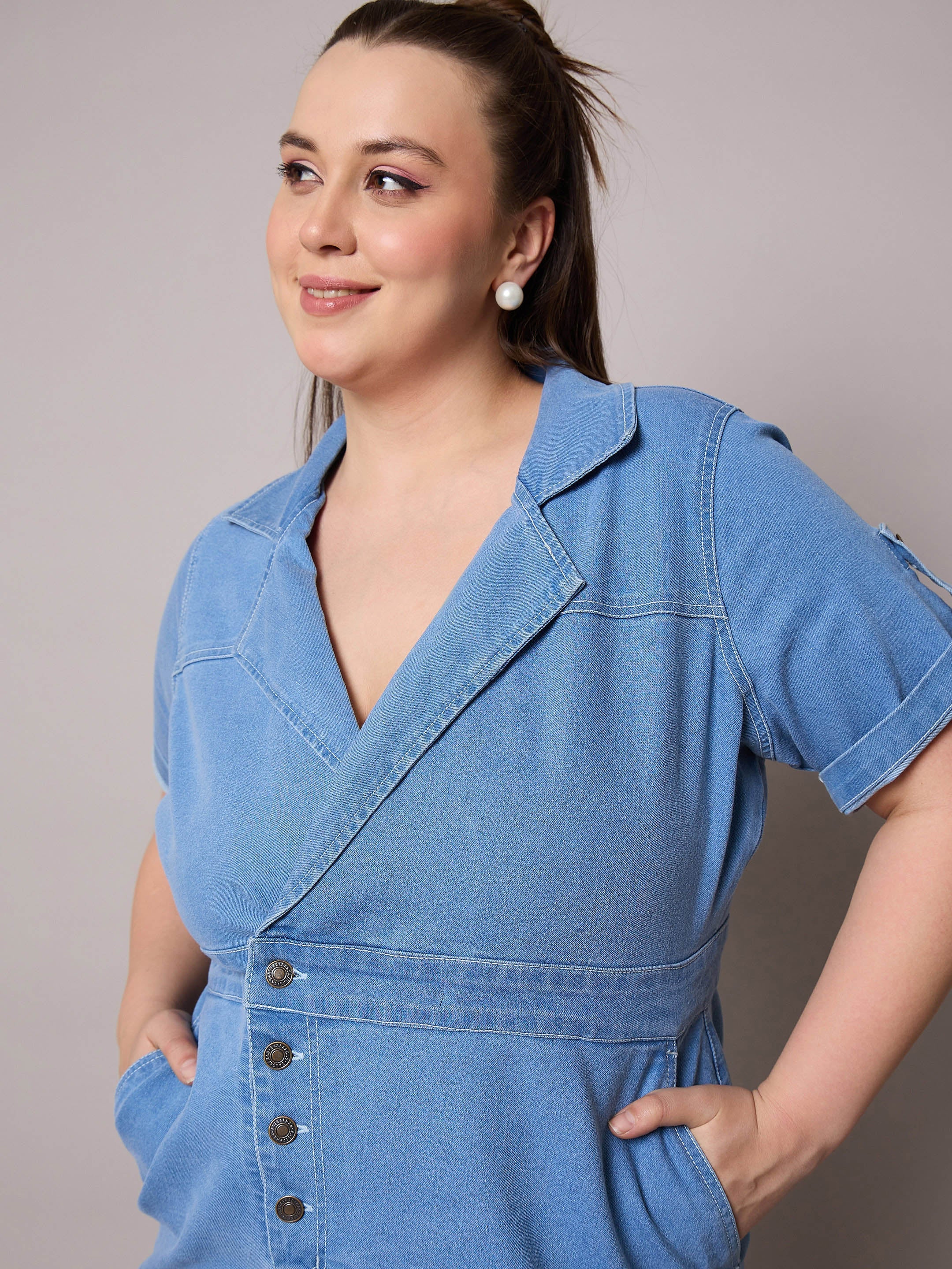 Women Ice Blue Acid Wash Denim Front Slit Midi Dress-SFDRSS13072