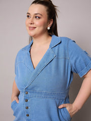 Women Ice Blue Acid Wash Denim Front Slit Midi Dress-SFDRSS13072