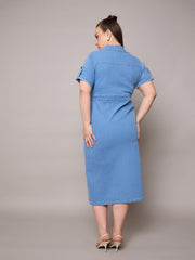 Women Ice Blue Acid Wash Denim Front Slit Midi Dress-SFDRSS13072