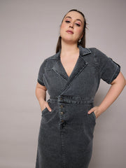 Women Black Acid Wash Denim Front Slit Midi Dress-SFDRSS13073