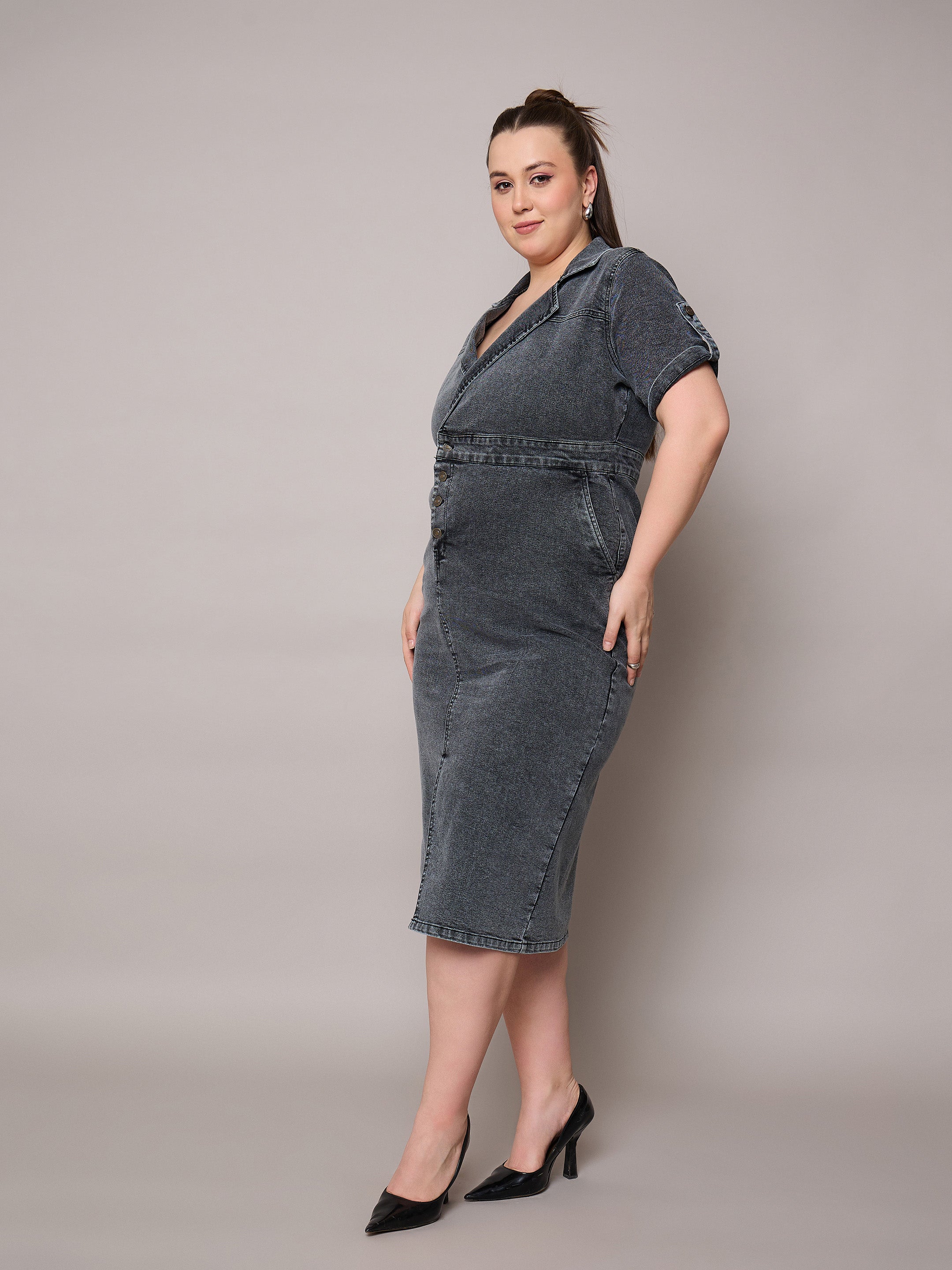 Women Black Acid Wash Denim Front Slit Midi Dress-SFDRSS13073