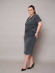 Women Black Acid Wash Denim Front Slit Midi Dress-SFDRSS13073