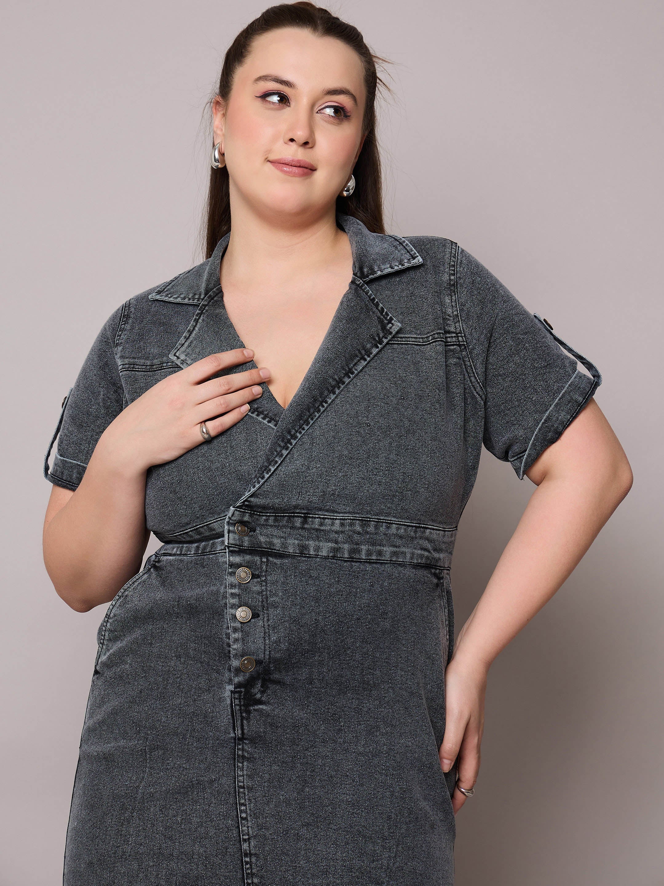 Women Black Acid Wash Denim Front Slit Midi Dress-SFDRSS13073