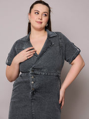 Women Black Acid Wash Denim Front Slit Midi Dress-SFDRSS13073