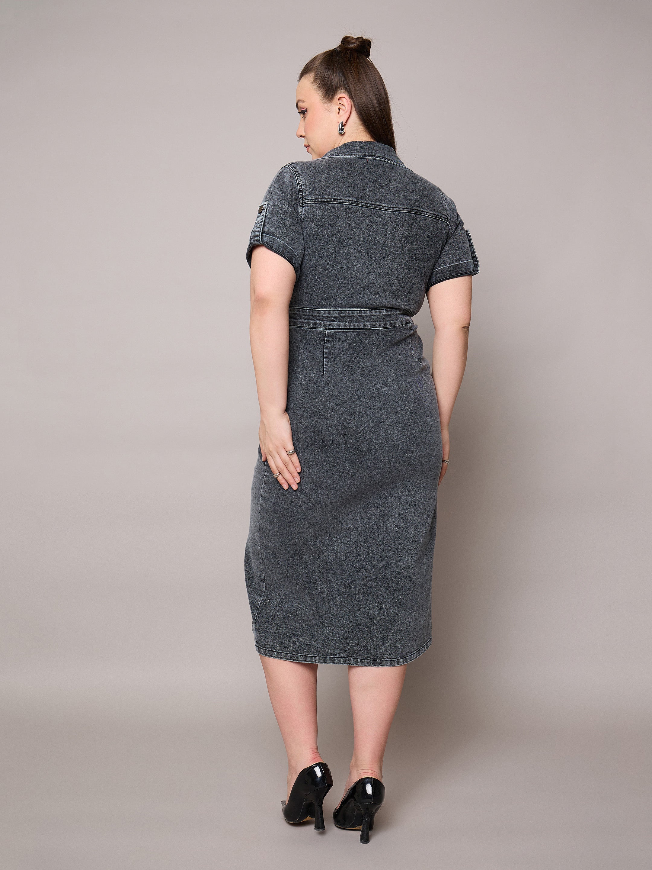 Women Black Acid Wash Denim Front Slit Midi Dress-SFDRSS13073