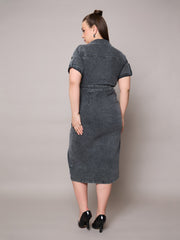 Women Black Acid Wash Denim Front Slit Midi Dress-SFDRSS13073