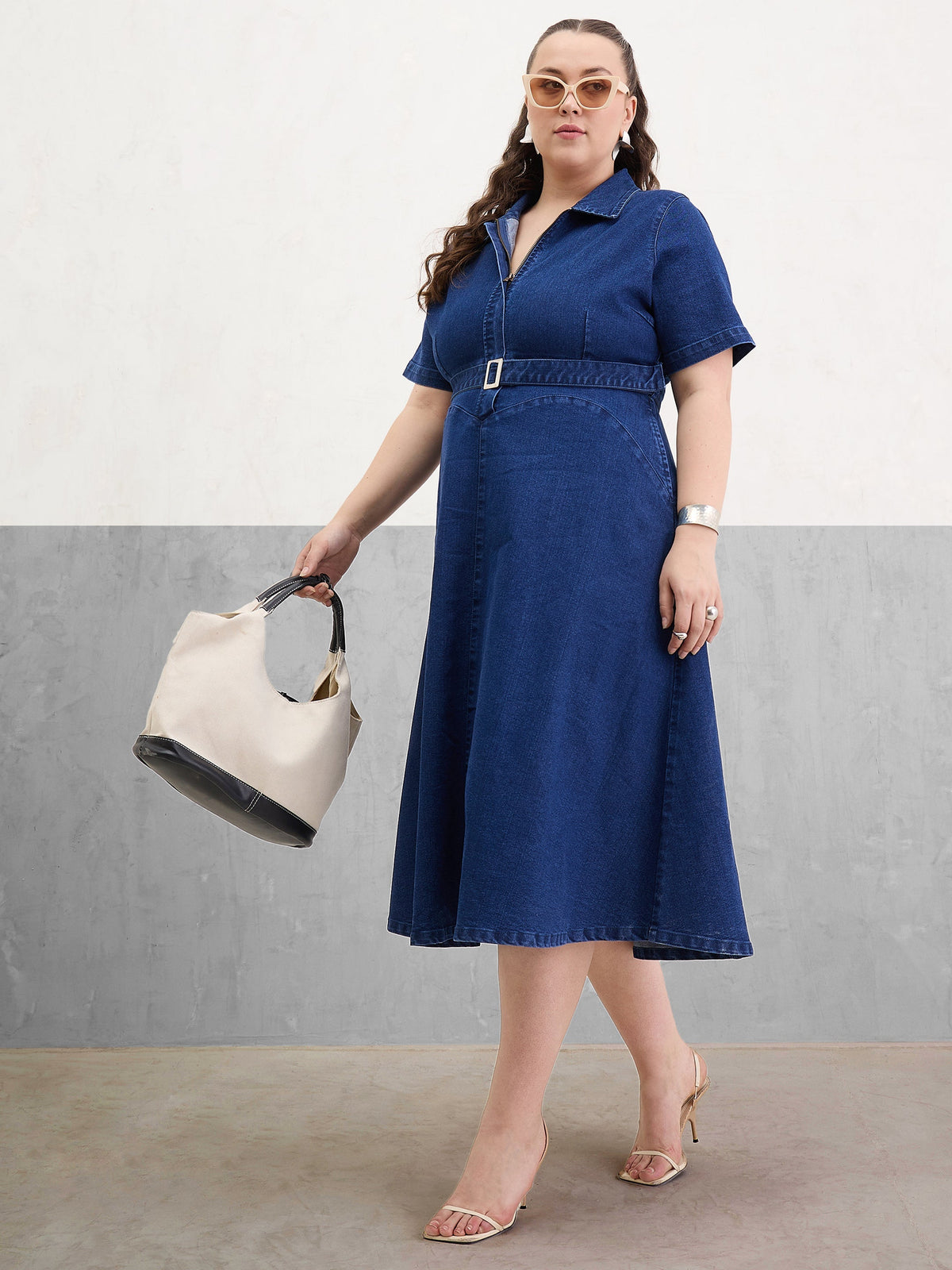 Women Navy Denim Front Zipper Flared Hem Midi Dress-SFDRSS13074