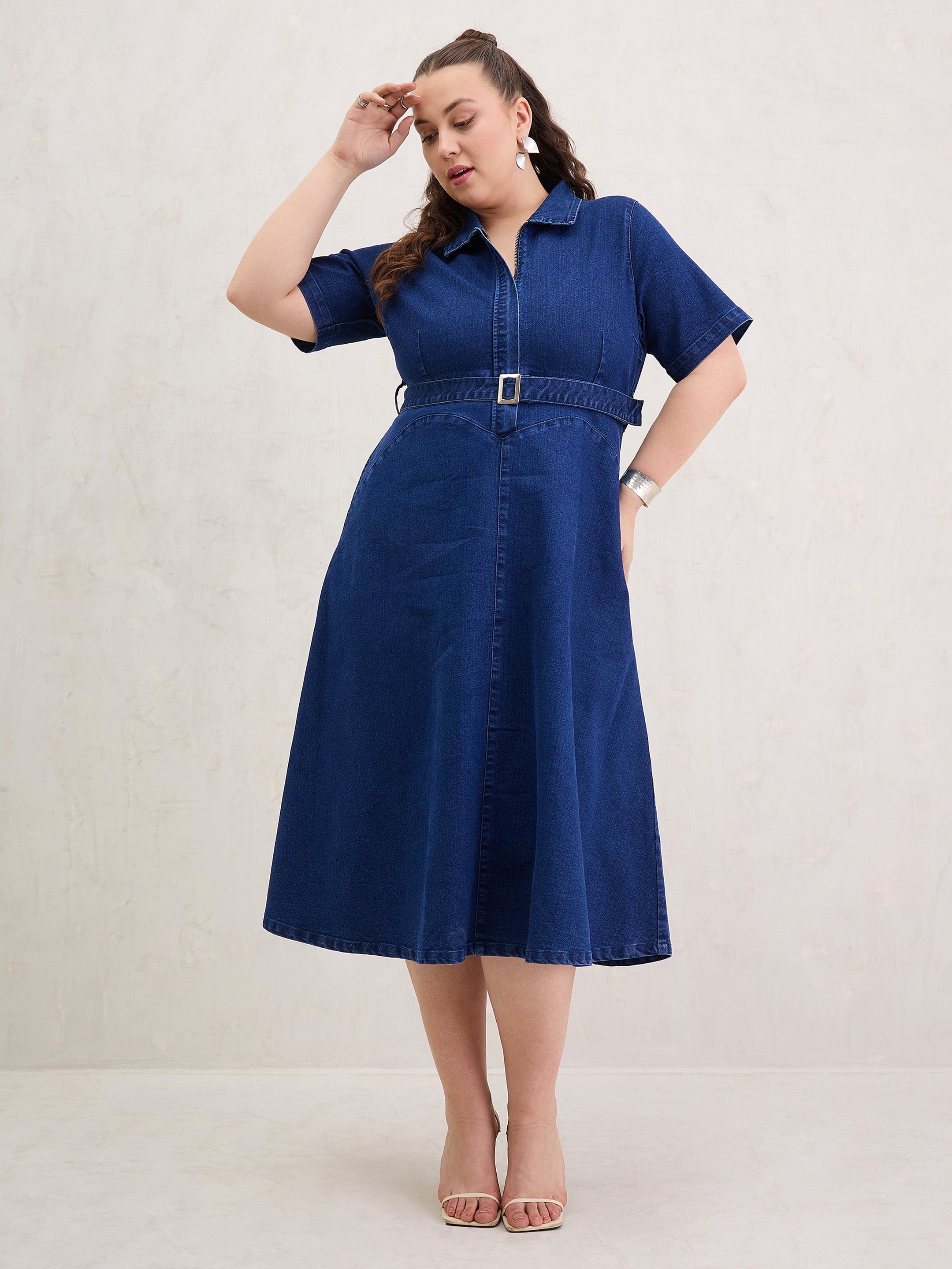 Women Navy Denim Front Zipper Flared Hem Midi Dress-SFDRSS13074