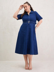 Women Navy Denim Front Zipper Flared Hem Midi Dress-SFDRSS13074