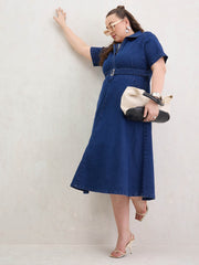 Women Navy Denim Front Zipper Flared Hem Midi Dress-SFDRSS13074