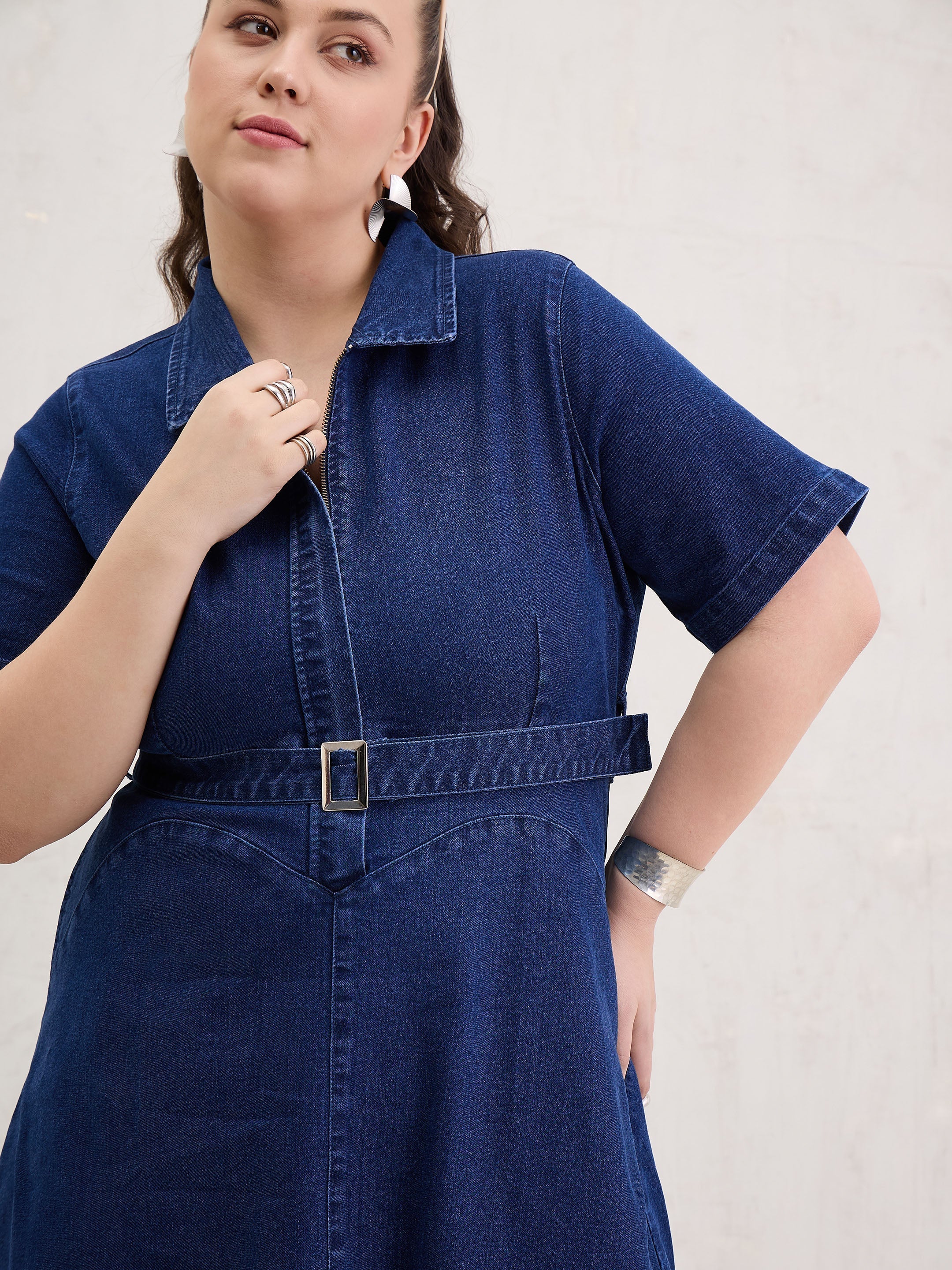 Women Navy Denim Front Zipper Flared Hem Midi Dress-SFDRSS13074