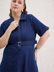 Women Navy Denim Front Zipper Flared Hem Midi Dress-SFDRSS13074