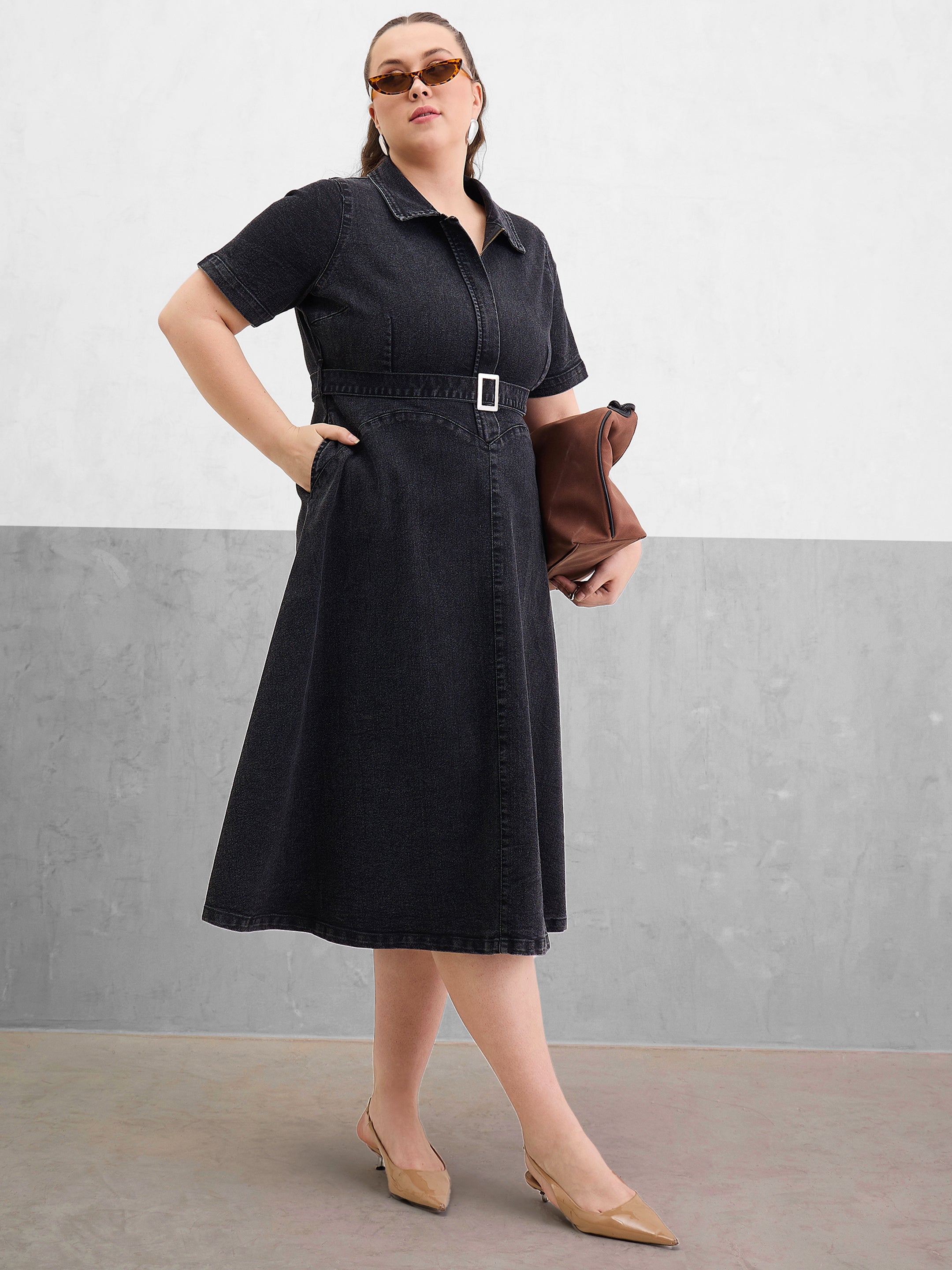 Women Black Denim Front Zipper Flared Hem Midi Dress-SFDRSS13075