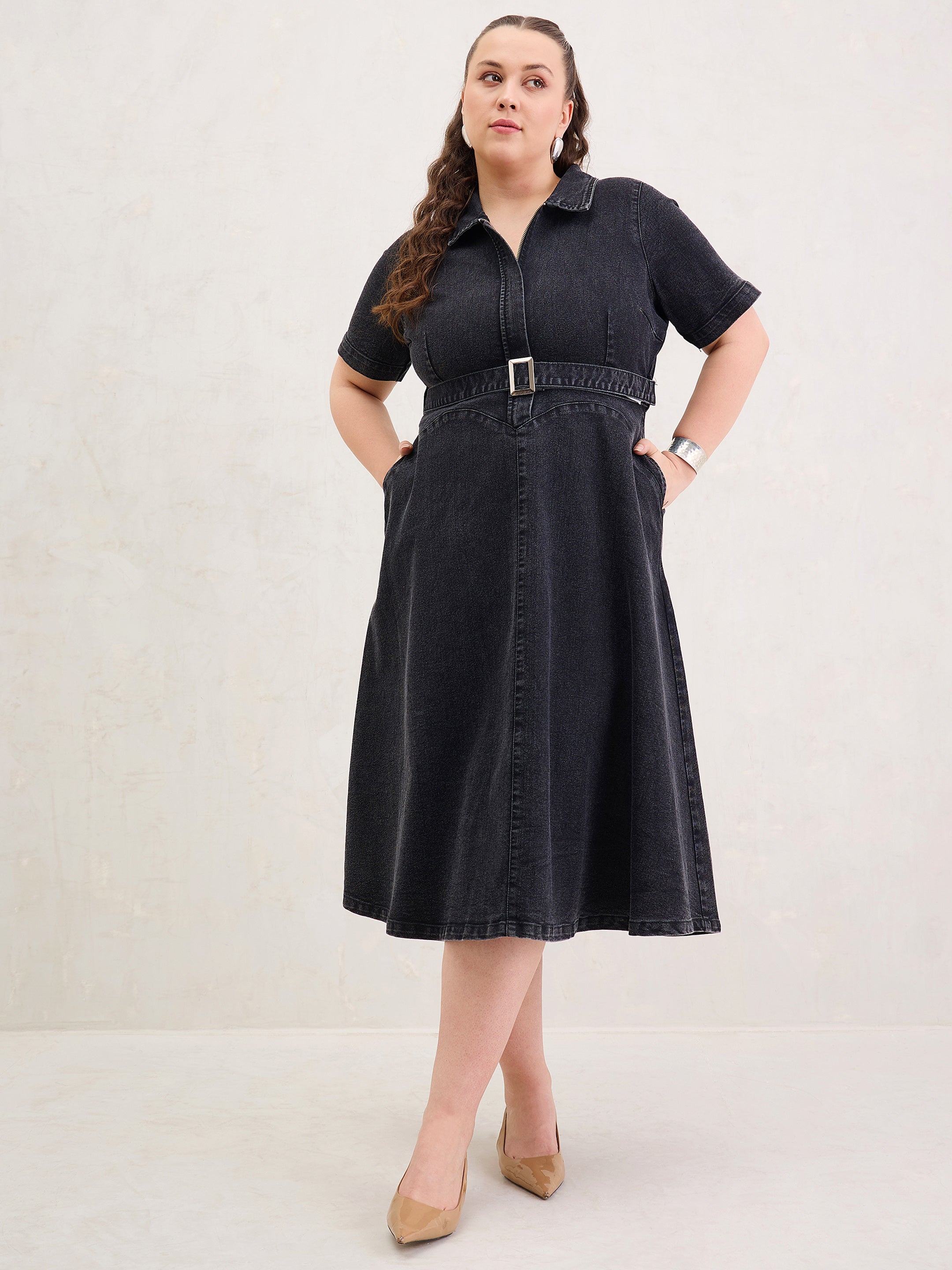 Women Black Denim Front Zipper Flared Hem Midi Dress-SFDRSS13075
