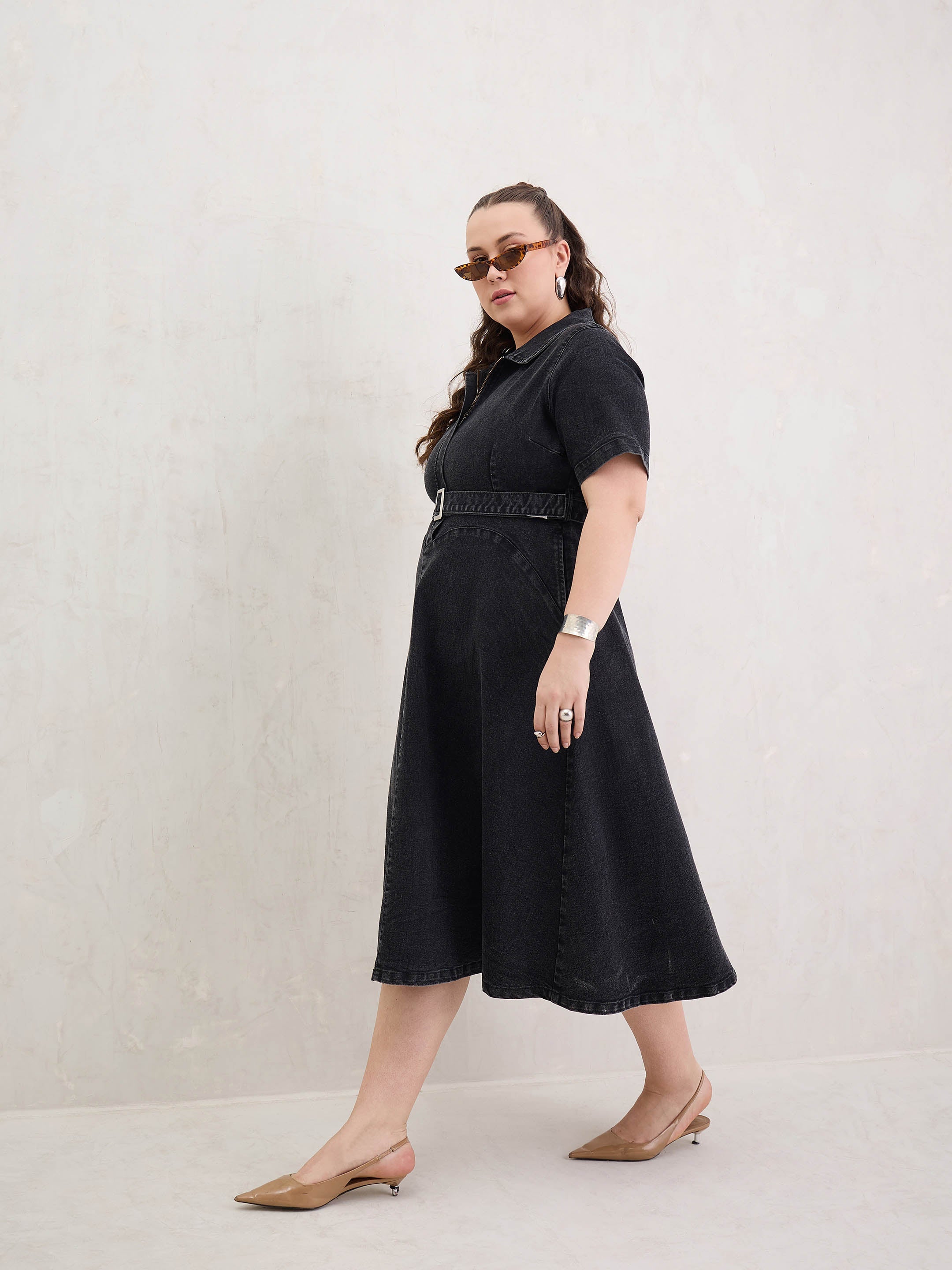 Women Black Denim Front Zipper Flared Hem Midi Dress-SFDRSS13075