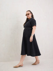 Women Black Denim Front Zipper Flared Hem Midi Dress-SFDRSS13075