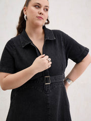 Women Black Denim Front Zipper Flared Hem Midi Dress-SFDRSS13075