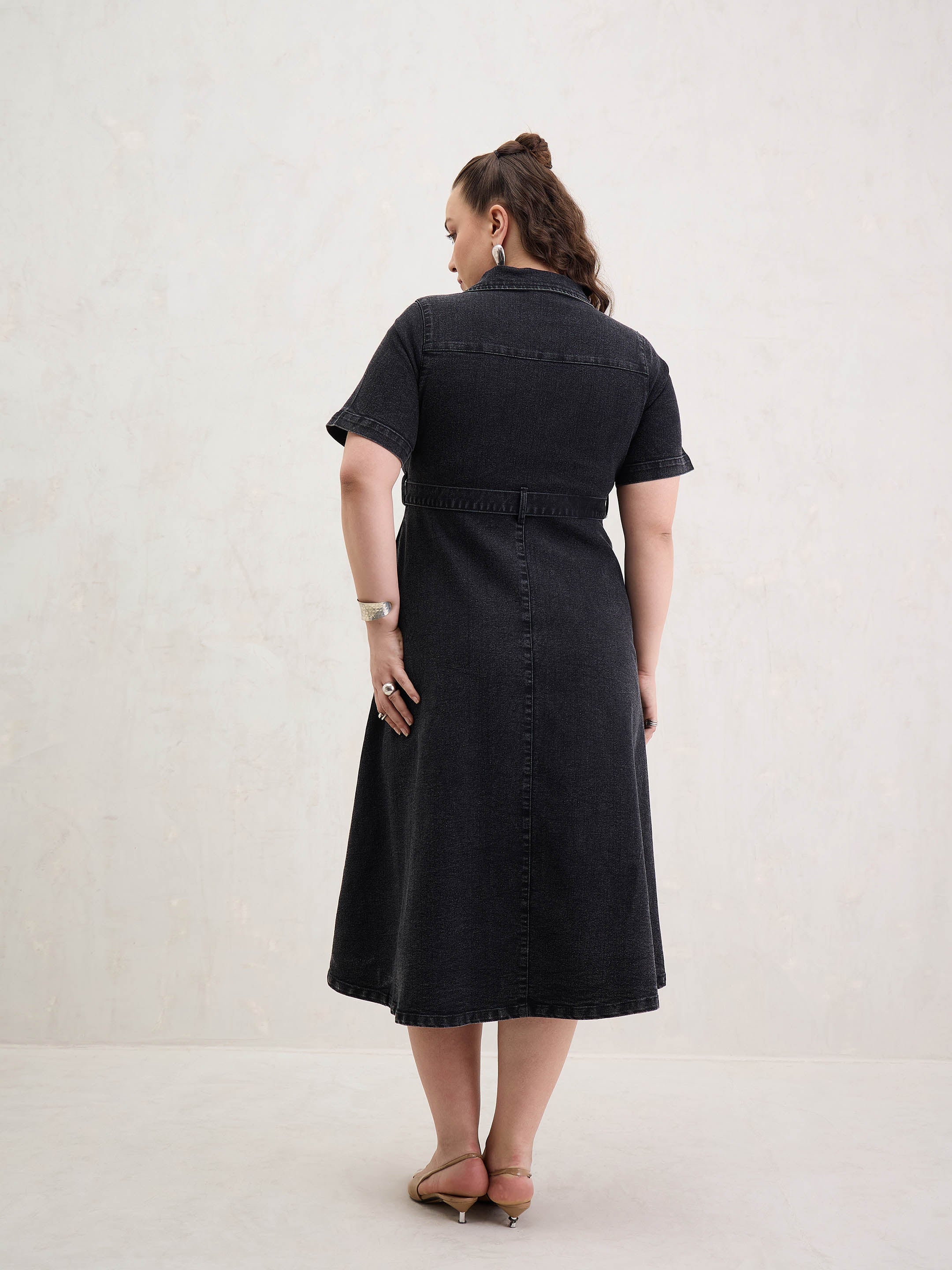 Women Black Denim Front Zipper Flared Hem Midi Dress-SFDRSS13075